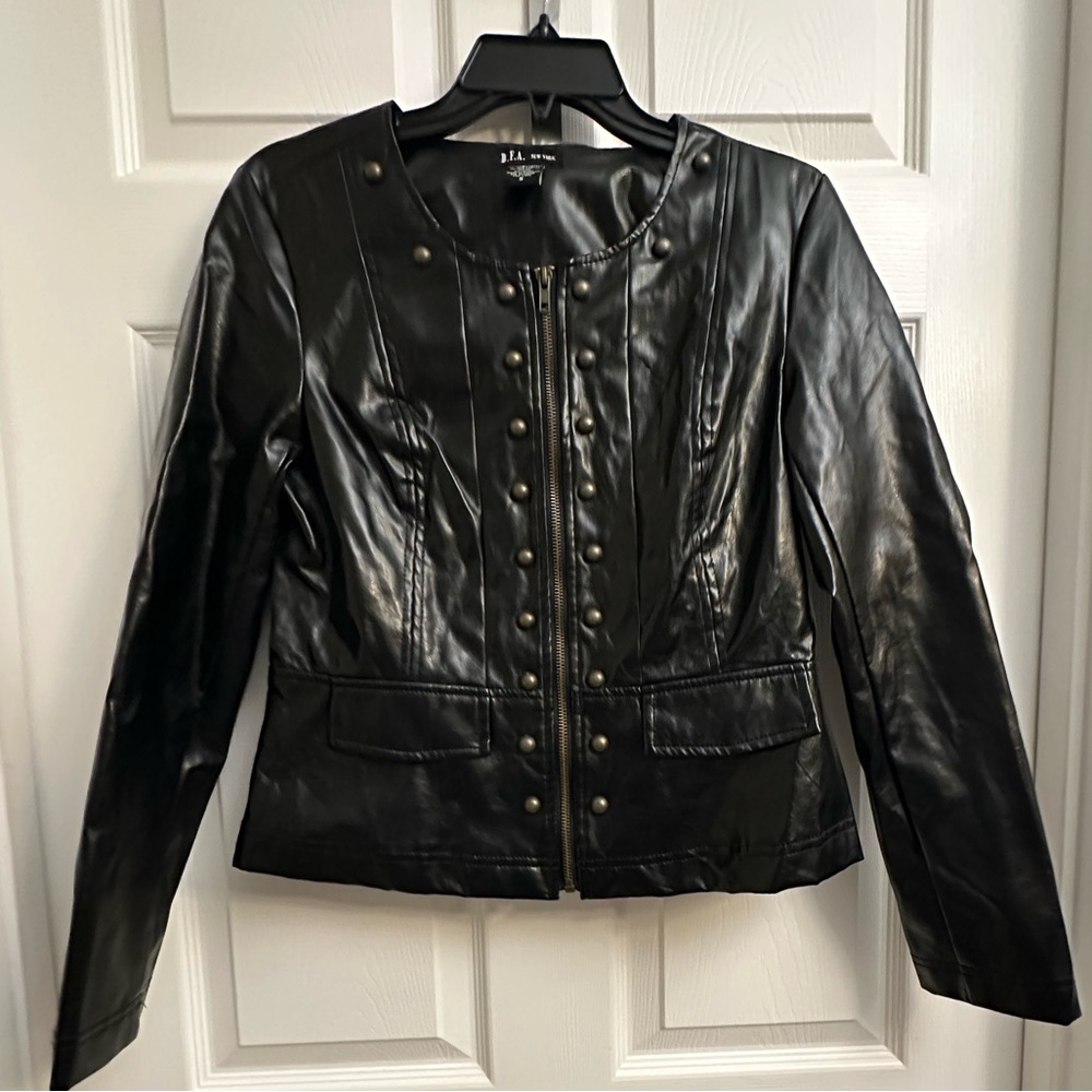 D.F.A. New York Black Faux Leather Stud-Front Zip Jacket